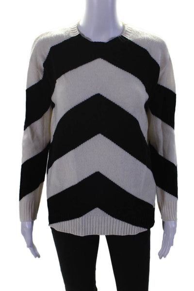 Valentino Womens Long Sleeve Crew Neck Chevron Sweater White Black Wool Size 2XS