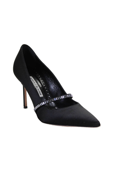 Manolo Blahnik Womens Stiletto Crystal Strap Satin Pumps Black Size 37.5