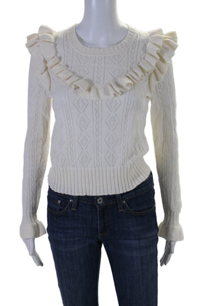 Love Shack Fancy Womens Ruffled Crew Neck Sweater White Size Extra Small