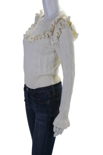 Love Shack Fancy Womens Ruffled Crew Neck Sweater White Size Extra Small