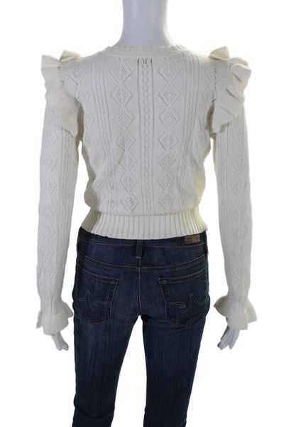 Love Shack Fancy Womens Ruffled Crew Neck Sweater White Size Extra Small