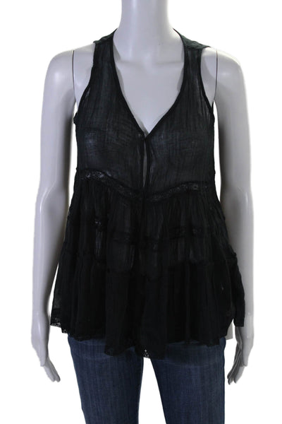 Mes Demoiselles Womens V Neck Button Down Tank Top Black Cotton Size EUR 36