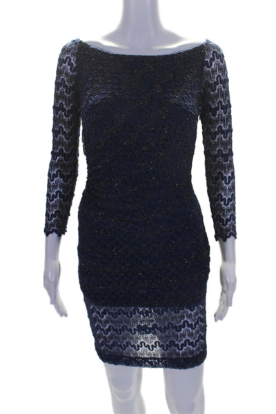 David Meister Womens Long Sleeve Open Knit Mid Calf Dress Blue Size 2