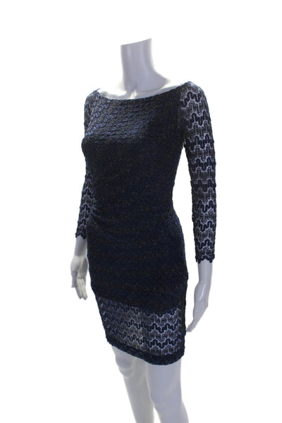 David Meister Womens Long Sleeve Open Knit Mid Calf Dress Blue Size 2