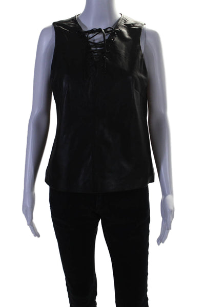 LaMarque Women's V-Neck Lace Up Sleeveless Leather Blouse Black Size S