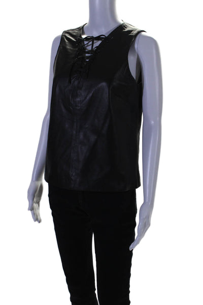 LaMarque Women's V-Neck Lace Up Sleeveless Leather Blouse Black Size S