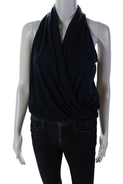 Amour Vert Womens Jersey V-Neck Ruched Hem Sleeveless Wrap Top Navy Blue Size XS