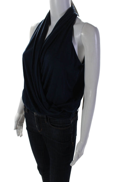 Amour Vert Womens Jersey V-Neck Ruched Hem Sleeveless Wrap Top Navy Blue Size XS