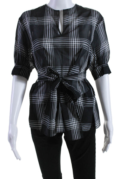 Akris Womens Back Zip Short Sleeve V Neck Plaid Silk Top Black White Size 2