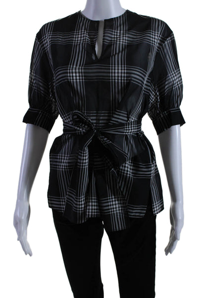 Akris Womens Back Zip Short Sleeve V Neck Plaid Silk Top Black White Size 2