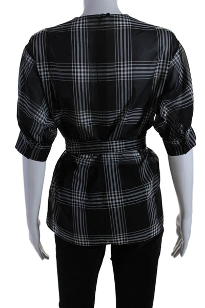 Akris Womens Back Zip Short Sleeve V Neck Plaid Silk Top Black White Size 2