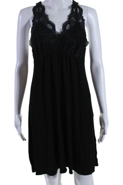 Fleur't Womens Sleeveless Lace Trim Knit Sleep Dress Black Size Large