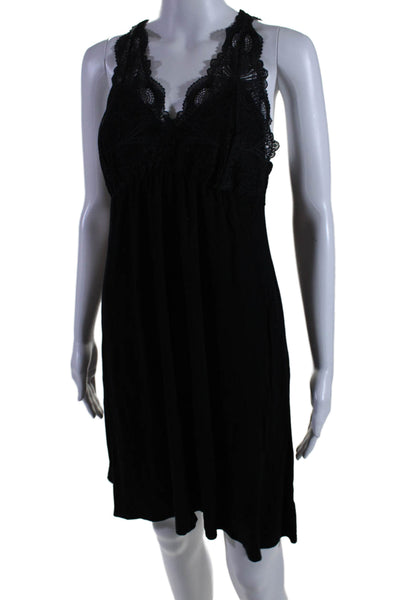 Fleur't Womens Sleeveless Lace Trim Knit Sleep Dress Black Size Large