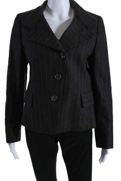 Akris Womens Button Front Notched Lapel Pinstriped Blazer Jacket Brown Size 8