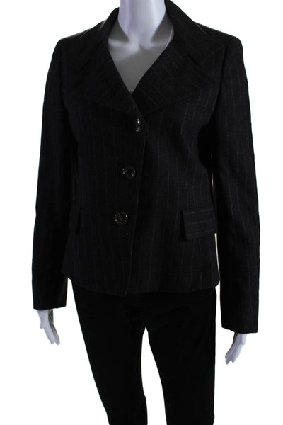 Akris Womens Button Front Notched Lapel Pinstriped Blazer Jacket Brown Size 8