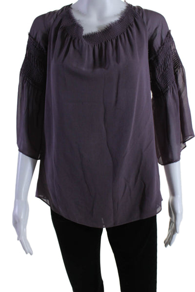 Theory Womens 3/4 Sleeve Off Shoulder Sheer Silk Blouse Top Purple Size Medium