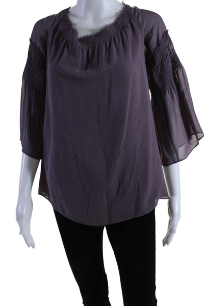 Theory Womens 3/4 Sleeve Off Shoulder Sheer Silk Blouse Top Purple Size Medium