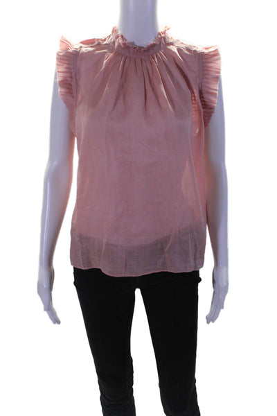 Frame Women's Round Neck Sleeveless Ruffle Button Down Blouse Pink Size S