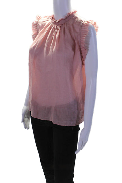 Frame Women's Round Neck Sleeveless Ruffle Button Down Blouse Pink Size S