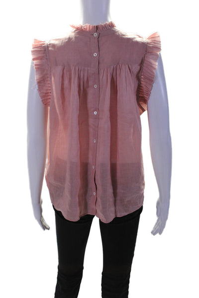 Frame Women's Round Neck Sleeveless Ruffle Button Down Blouse Pink Size S