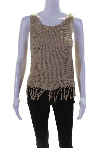 Alice + Olivia Women's Sleeveless Open Knit Fringe Hem Tank Top Tan Size XS