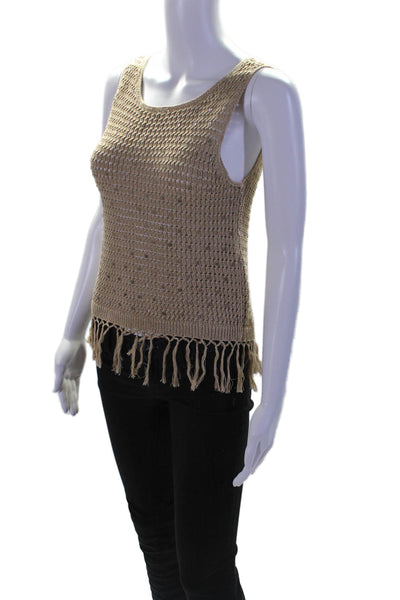 Alice + Olivia Women's Sleeveless Open Knit Fringe Hem Tank Top Tan Size XS