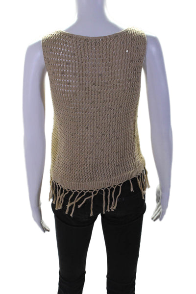 Alice + Olivia Women's Sleeveless Open Knit Fringe Hem Tank Top Tan Size XS