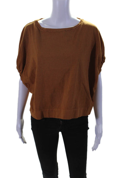 FP Beach Women's Round Neck Short Sleeves Boxy Cotton Blouse Brown Size S