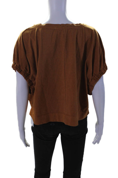 FP Beach Women's Round Neck Short Sleeves Boxy Cotton Blouse Brown Size S