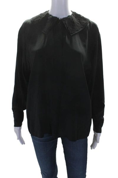 Designer Womens Long Sleeve Button Down Blouse Silk Black Size Small