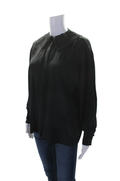 Designer Womens Long Sleeve Button Down Blouse Silk Black Size Small