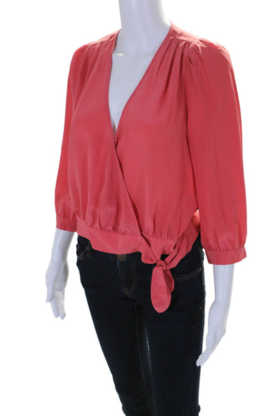 Madewell Womens Silk Pleated V-Neck Long Sleeve Wrap Blouse Top Pink Size S