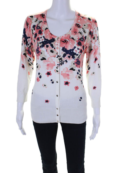 White House Black Market Womens Floral Button Up Cardigan Sweater White Size M