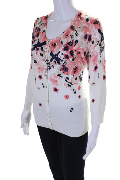 White House Black Market Womens Floral Button Up Cardigan Sweater White Size M