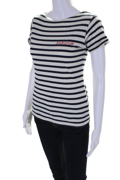 Maison Labiche Womens Cotton Knit Striped Short Sleeve T-Shirt Top Blue Size XS