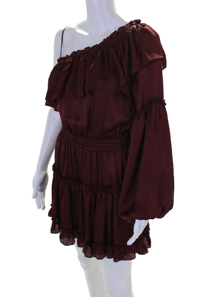 Misa Womens Ruffle Trim Long Sleeve One Shoulder Mini Dress Burgundy Size M