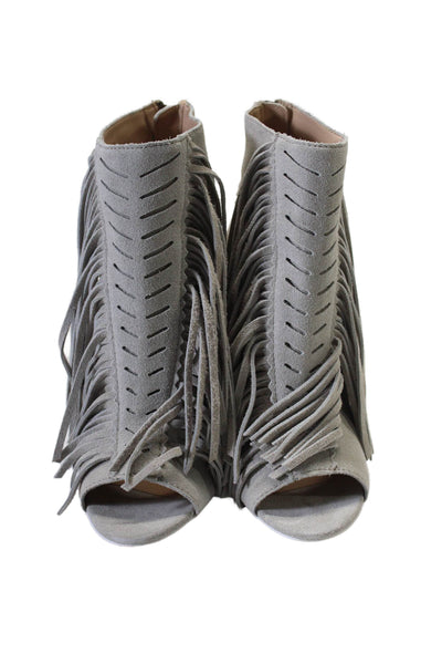 Joes Womens Suede Zip Up Open Toe Fringe Ankle Boots Gray Size 7.5 Medium