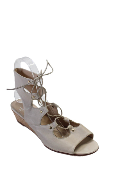 Amalfi Womens Open Toe Lace Up HIgh Wedge Heels Leather Beige Size 7