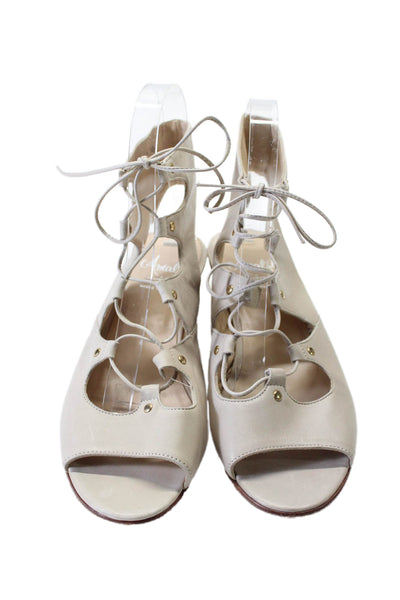 Amalfi Womens Open Toe Lace Up HIgh Wedge Heels Leather Beige Size 7