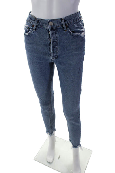 Agolde Womens Cotton Denim Stonewashed Frayed Hem Skinny Nico Jeans Blue Size 26