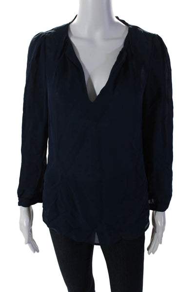 Joie Womens Silk Georgette Long Sleeve V-Neck Blouse Top Navy Blue Size S