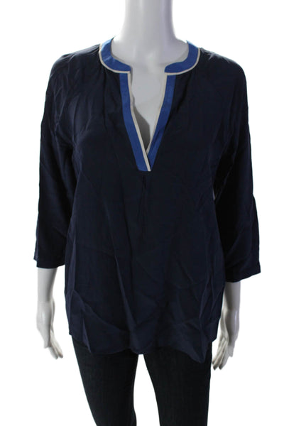 Joie Womens Silk Georgette 3/4 Sleeve V-Neck Tunic Blouse Midnight Blue Size XS