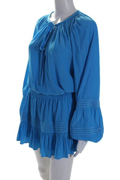 Ramy Brook Womens Long Sleeve V Neck Smocked Blouson Dress Blue Size S