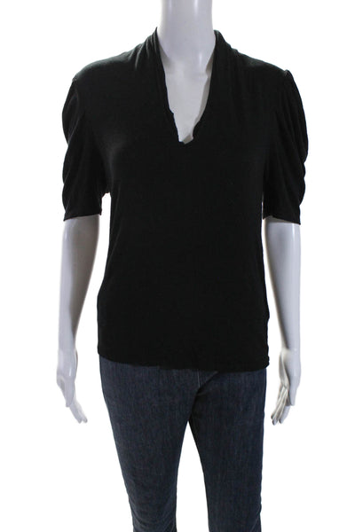 Ba&Sh Womens Jersey Short Sleeve Ruched V-Neck Shirt Top Black Size 1