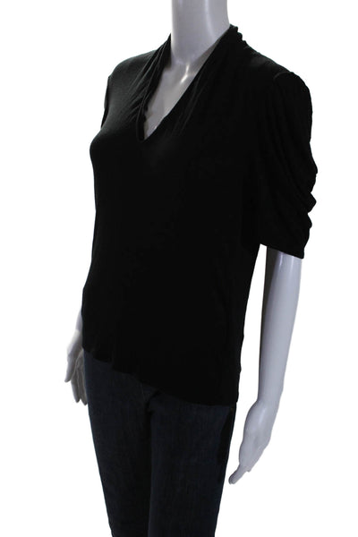 Ba&Sh Womens Jersey Short Sleeve Ruched V-Neck Shirt Top Black Size 1