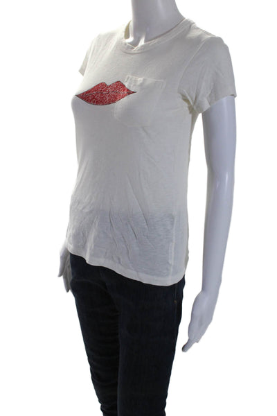 Rag & Bone Womens Cotton Lip Drawing Graphic Crewneck T-Shirt Top White Size 2XS