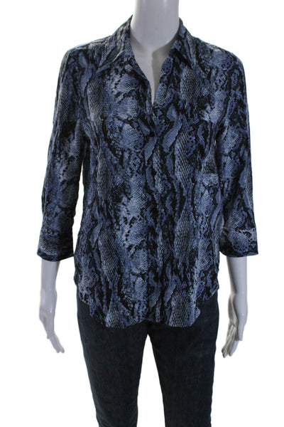 L'Agence Womens Snakeskin Print Collared Long Sleeve Button Down Blouse Blue S