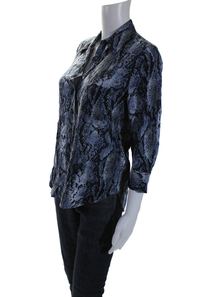 L'Agence Womens Snakeskin Print Collared Long Sleeve Button Down Blouse Blue S