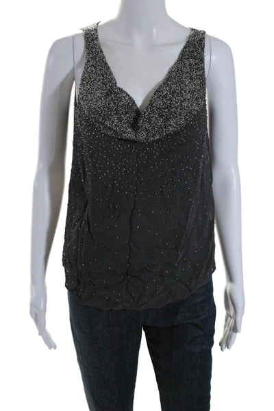 Ecru Womens Chiffon Beaded Sleeveless Boat Neck Tank Top Blouse Gray Size XS