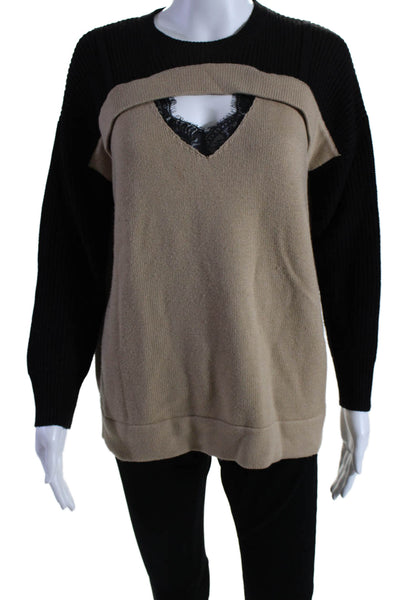 Pinko Womens 3/4 Sleeve Crew Neck Lace Trim Sweater Brown Black Size XS